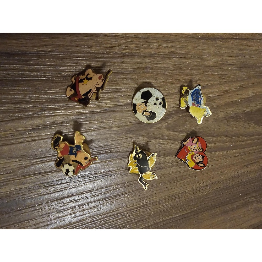 Vintage Cartoon Character Enamel Lapel Pin Lot Heart Soccer Dog Taiwan Set of 6